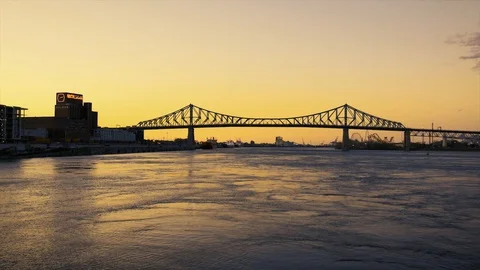 Jacques Cartier Bridge Old Port Montreal Downtown at sunset Wide Stock Footage 107736331