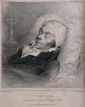 Jacques Delille lying in state in the Collge de France in Paris. Lithograph.. Stockillustratie