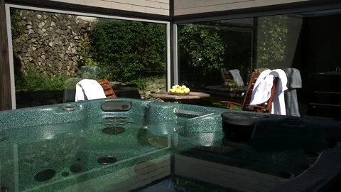 Jacuzzi Room with Large Windows to the Garden Stock Footage 262562810
