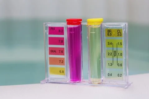 Jacuzzi spa pool maintenance test, Ph chlorine and bromide levels Stock Photos