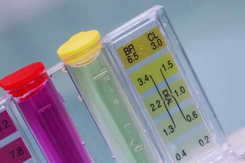 Jacuzzi spa pool maintenance test, Ph chlorine and bromide levels Stock Photos