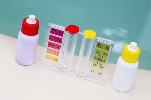 Jacuzzi spa pool maintenance test, Ph chlorine and bromide levels Stock Photos
