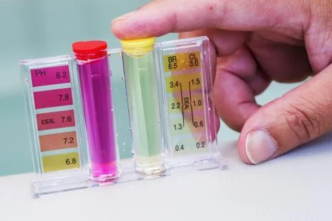Jacuzzi spa pool maintenance test, Ph chlorine and bromide levels Stock Photos