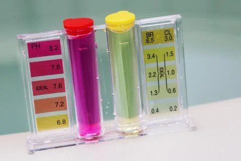 Jacuzzi spa pool maintenance test, Ph chlorine and bromide levels Stock Photos