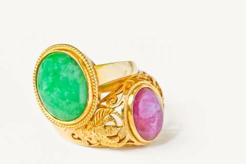 Jade and ruby ring isolated on white Foto stock