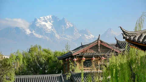 Jade dragon snow mountain and Chinese pavilion Stock-Footage 85779317