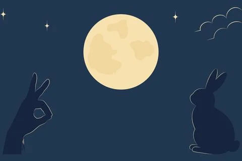 Jade Rabbit and hand gesture silhouette like rabbit on full moon and night sky Illustrazione stock