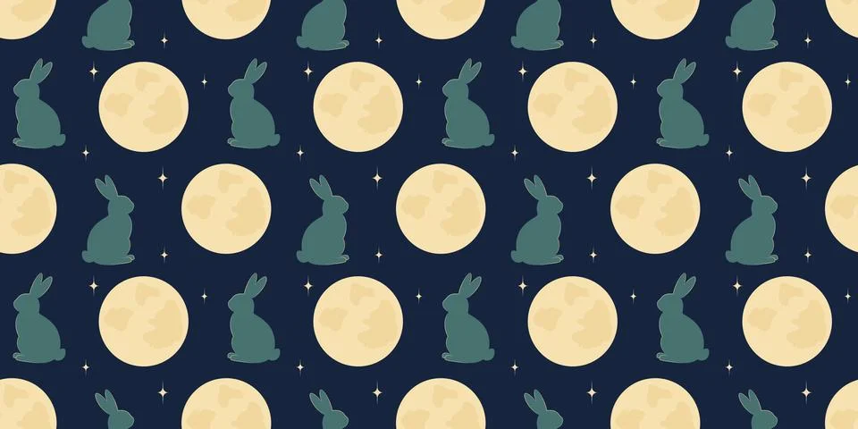 Jade Rabbit on night sky Backdrop with fool moon and stars Mid Autumn Seamless Stock-Illustration