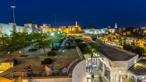Jaffa Gate Pan at Night Stock Footage 87247325