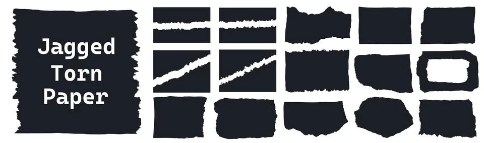 Jagged black paper torn pack isolated on white background. Rectangle, square and Stock Illustration