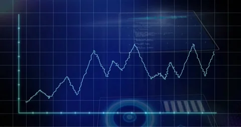 Jagged cyan line emerging from left axis, oscillating across grid, HUD elements Stock Footage 330331295