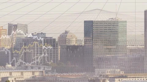 Jagged graph lines emerging from left data feed and sweeping across skyline, Stock Footage 334768681