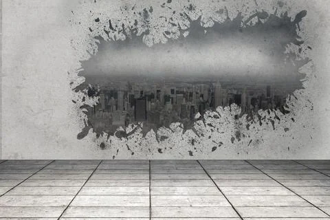 Jagged splash-patterned opening is revealing skyline in flat vector industrial Stock Illustration