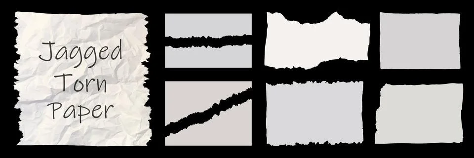 Jagged white paper torn pack isolated on black background. Rectangle, square and Stock Illustration