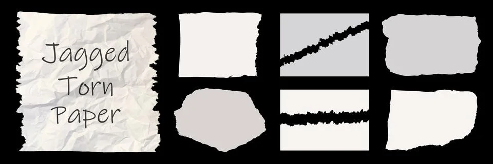 Jagged white paper torn pack isolated on black background. Rectangle, square and Stock Illustration
