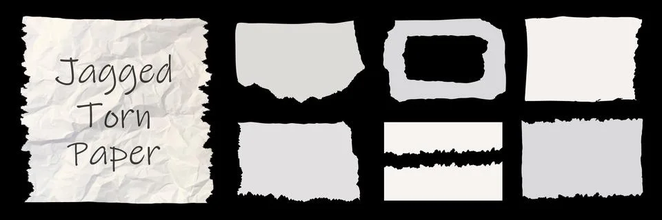 Jagged white paper torn pack isolated on black background. Rectangle, square and Stock Illustration