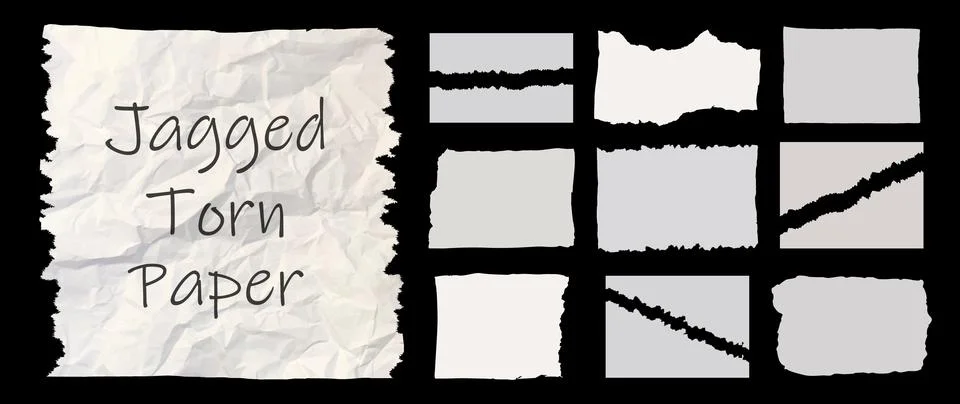Jagged white paper torn pack isolated on black background. Rectangle, square and Stock Illustration