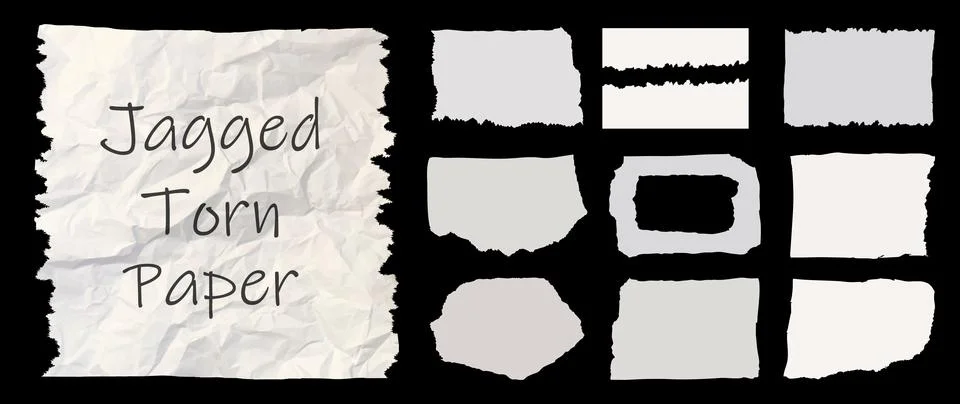 Jagged white paper torn pack isolated on black background. Rectangle, square and Stock Illustration