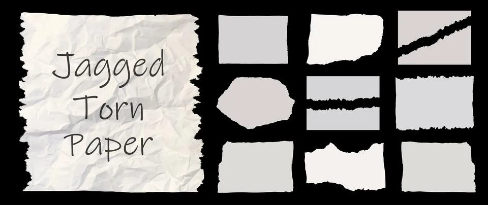 Jagged white paper torn pack isolated on black background. Rectangle, square and Stock Illustration