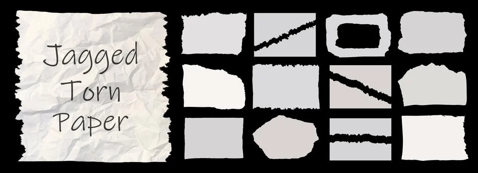 Jagged white paper torn pack isolated on black background. Rectangle, square and Stock Illustration