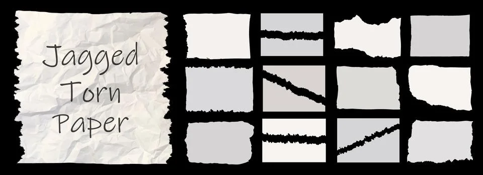 Jagged white paper torn pack isolated on black background. Rectangle, square and Stock Illustration