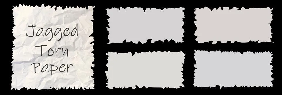 Jagged white paper torn pack isolated on black. Rectangle and square parts set Stock Illustration