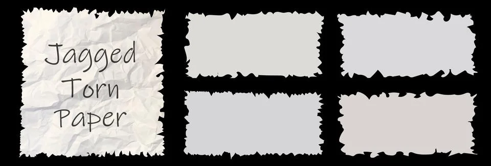 Jagged white paper torn pack isolated on black. Rectangle and square parts set Stock Illustration