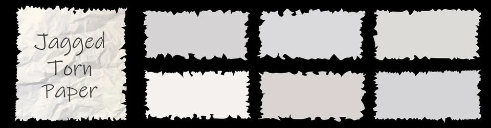 Jagged white paper torn pack isolated on black. Rectangle and square parts set Stock Illustration