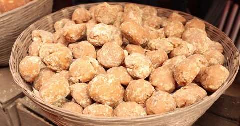 Jaggery display in Market Stock Footage 324242589