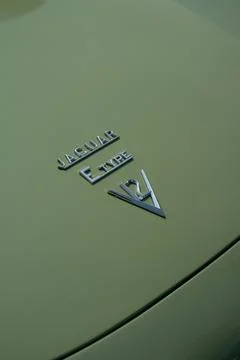 Jaguar E-Type V12 badge on the hood of a retro car with smooth green paintwor Stock Photos