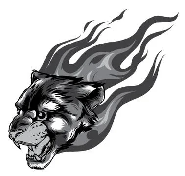 Jaguar head with Flame Tattoo vector monochromatic illustration Stock Illustration