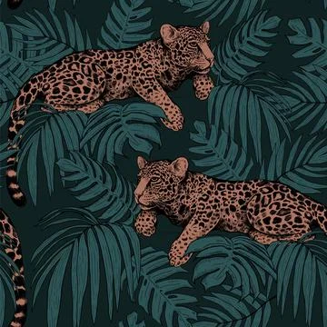 Jaguar lies on the branches of a tree. Seamless pattern of tropical leaves an Stockillustratie