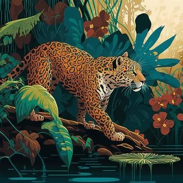 Jaguar in tropical forest Stock Illustration