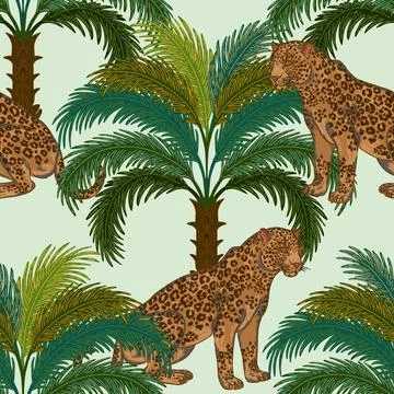 Jaguar under palm trees. Seamless pattern. This vintage illustration is hand- Stock Illustration