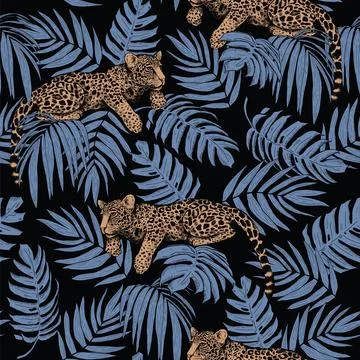 Jaguars lie on the branches of a tree. Seamless pattern of tropical leaves an Stockillustratie