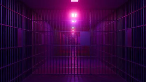 Jail bars closing a corridor in a prison with purple lighting Illustration