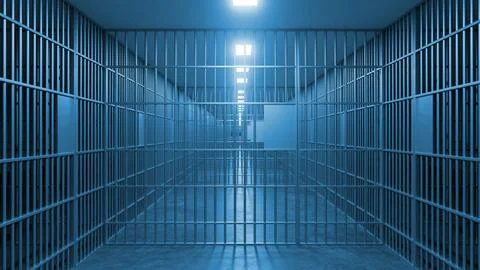 Jail bars creating long corridor with dramatic lighting in prison Stock Illustration