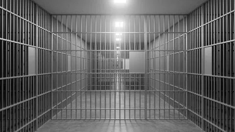 Jail bars creating long corridor with bright light at end Illustration