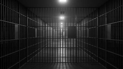 Jail bars leading to corridor with bright light in prison Illustration