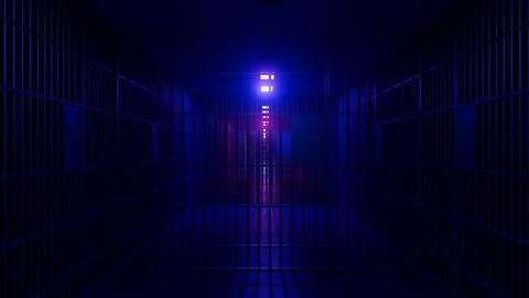 Jail corridor with blue and red lights illuminating bars and doors Illustration