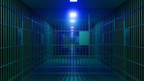 Jail corridor with blue lights illuminating metal bars Illustration