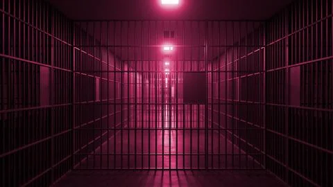 Jail corridor with pink lighting creating dramatic atmosphere Stock Illustration