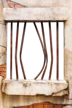 Jail window on brick wall, white background Foto stock