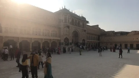 Jaipur, India, November 05, 2019, Amer Fort tourists in the square stand in the Stock Footage 123787673