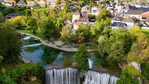 Jajce old town featuring pliva waterfall in bosnia and herzegovina Stockbeeldmateriaal 341302044