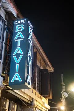 Jakarta, Indonesia - October 2 2023: Cafe Batavia Signboard Light Up at Night Stock Photos