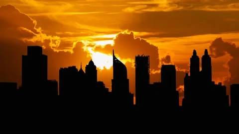 Jakarta Skyline at Sunset, Time Lapse with Red Sun and Fiery Sky, Indonesia, Vidéo 220097024