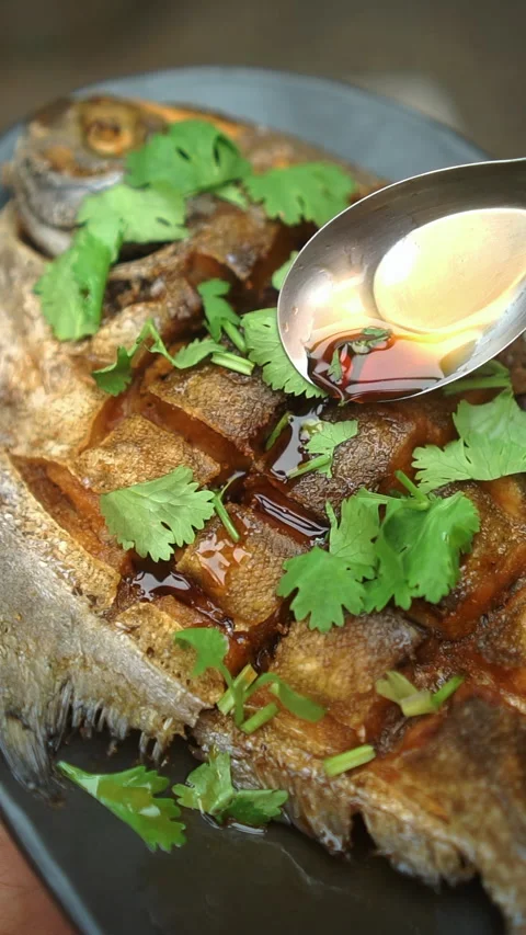 Jalamed Thod Rad See Ew, Thai crispy fried pomfret fish with savory soy sauce. Stock Footage 337535904