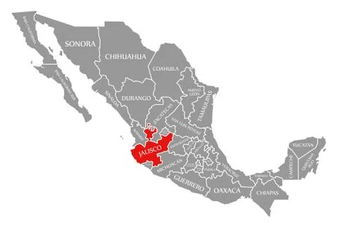 Jalisco red highlighted in map of Mexico Stock Illustration