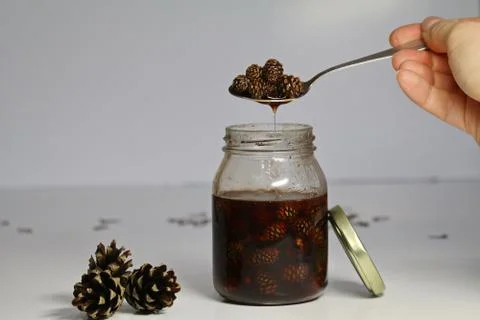 Jam from cedar cones, useful preparations for the winter. vegan food, raw, he Stock Photos